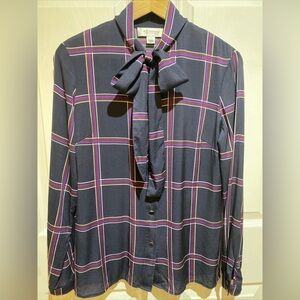 St. John Silk Pussybow Tie Neck Top Sz 4 Navy Purple Plaid Geek Secretary Retro